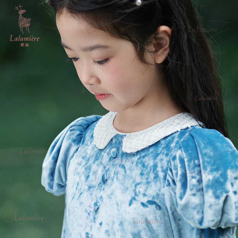 女童蓝色丝绒拼纱秘境公主裙