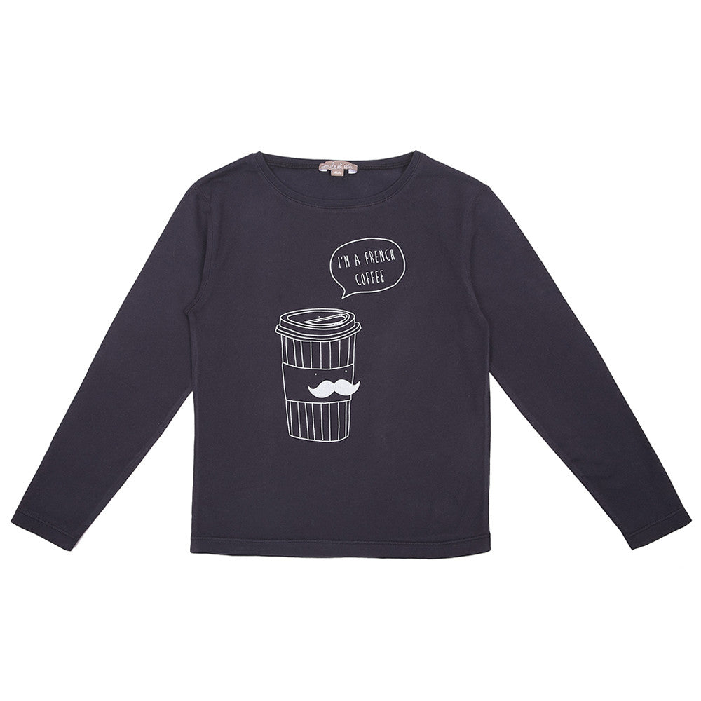 Girls Navy Blue French Coffee Printed Cotton T-Shirt