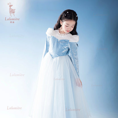 女童蓝色冰雪丝绒拼纱公主裙