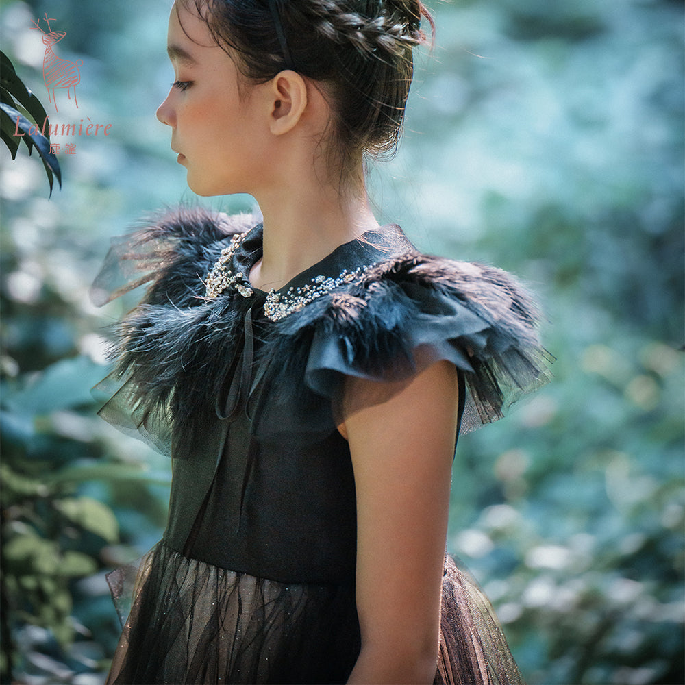 女童珠绣黑粉渐变礼服裙