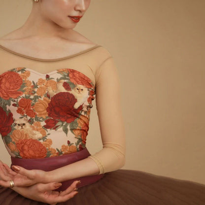 女士米色"Peony cats/Plie sleeve/Nudie Beige"芭蕾舞连体衣