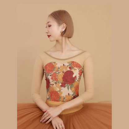 女士米色"Peony cats/Plie sleeve/Nudie Beige"芭蕾舞连体衣
