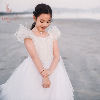 女童白色羽毛高定礼服裙