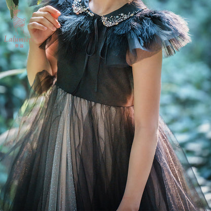 女童珠绣黑粉渐变礼服裙