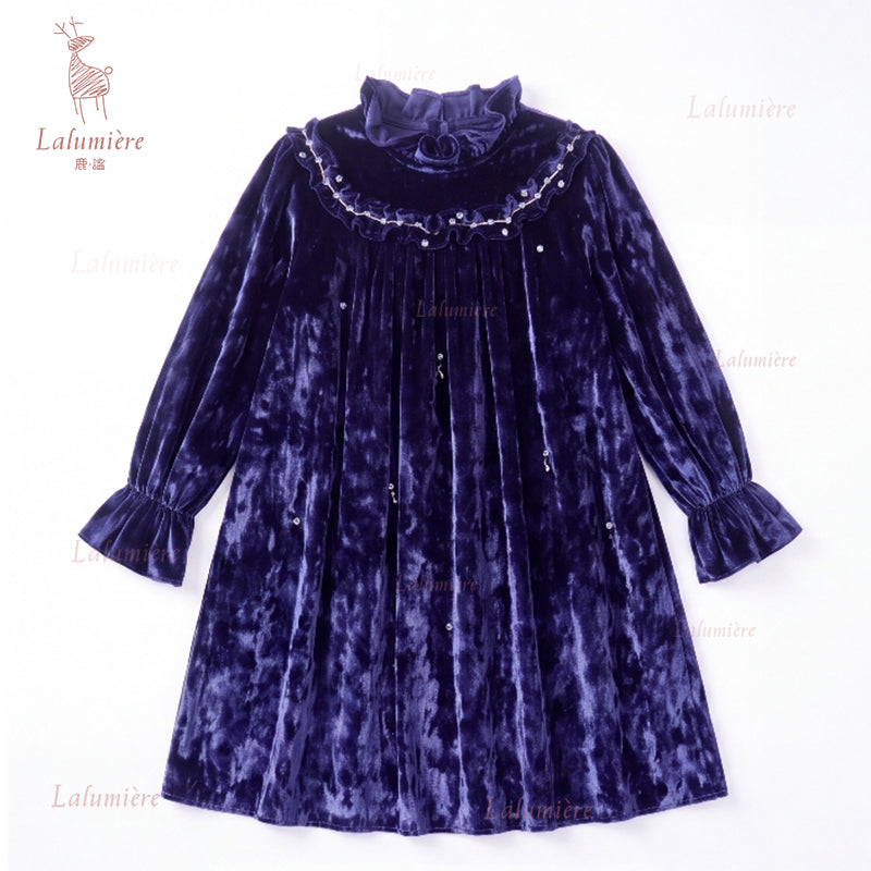 女童蓝色荷叶领珠绣丝绒礼服裙