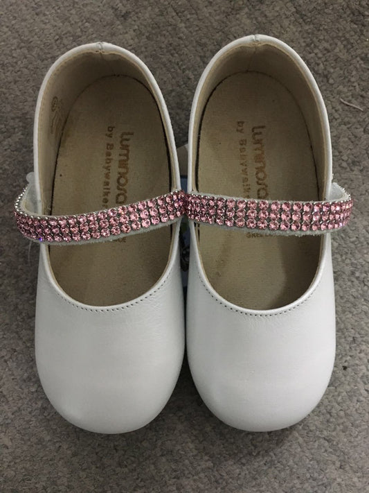 Baby Girls White Leather Shoes With Pink Diamond Trims
