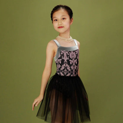 女童黑色"Victorian cats Black tea/Piqué/Platina"芭蕾舞高叉连体衣