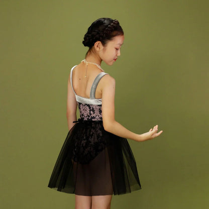 女童黑色"Victorian cats Black tea/Piqué/Platina"芭蕾舞高叉连体衣