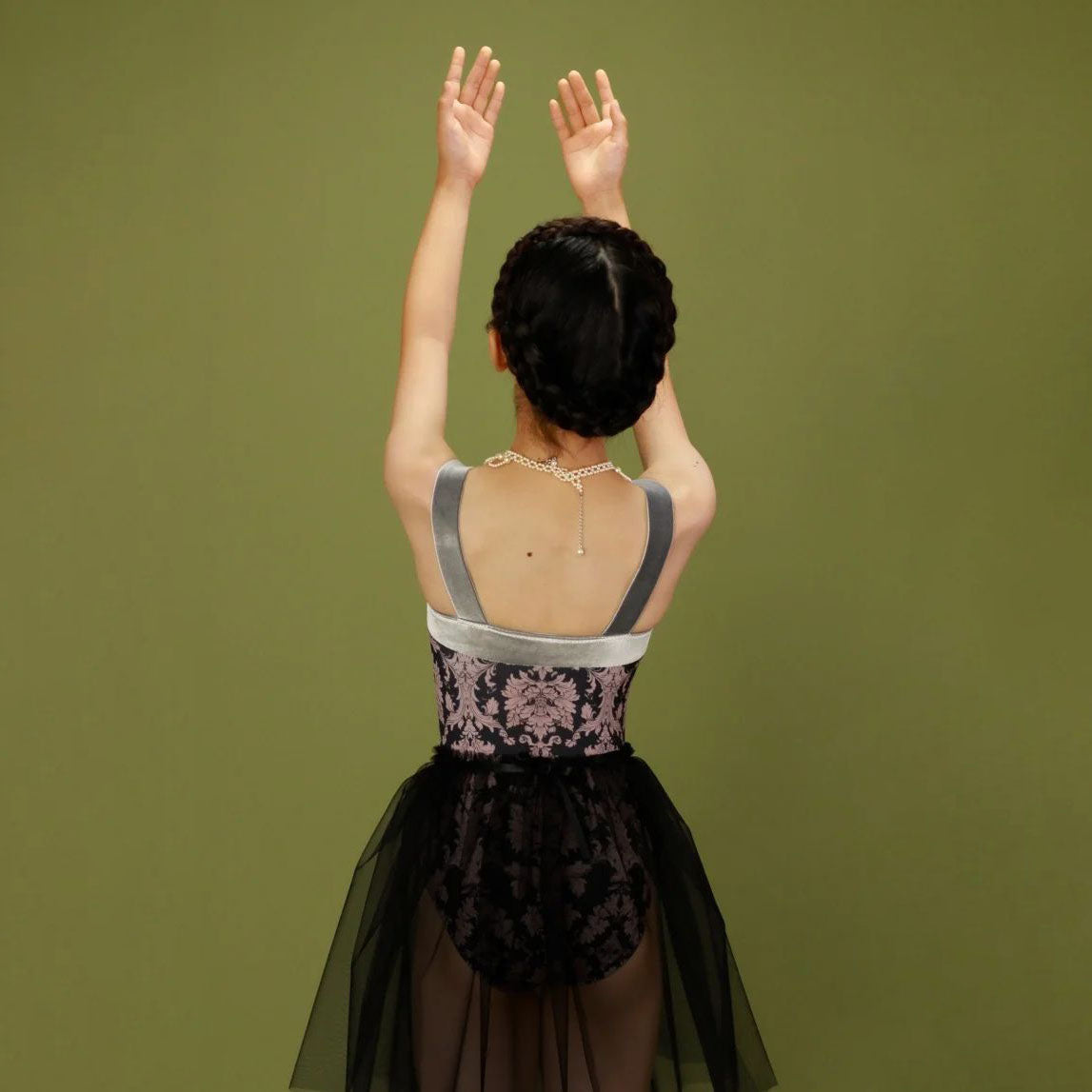 女童黑色"Victorian cats Black tea/Piqué/Platina"芭蕾舞高叉连体衣