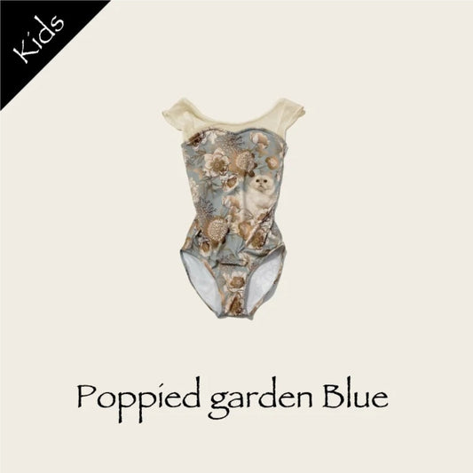 女童米色"Poppied garden Blue"芭蕾舞连体衣(高叉)