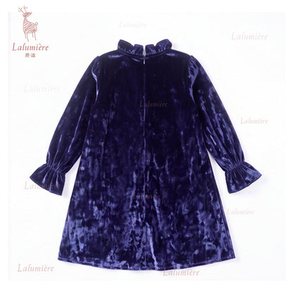 女童蓝色荷叶领珠绣丝绒礼服裙