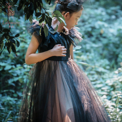女童珠绣黑粉渐变礼服裙
