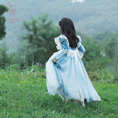 女童蓝色丝绒拼纱秘境公主裙