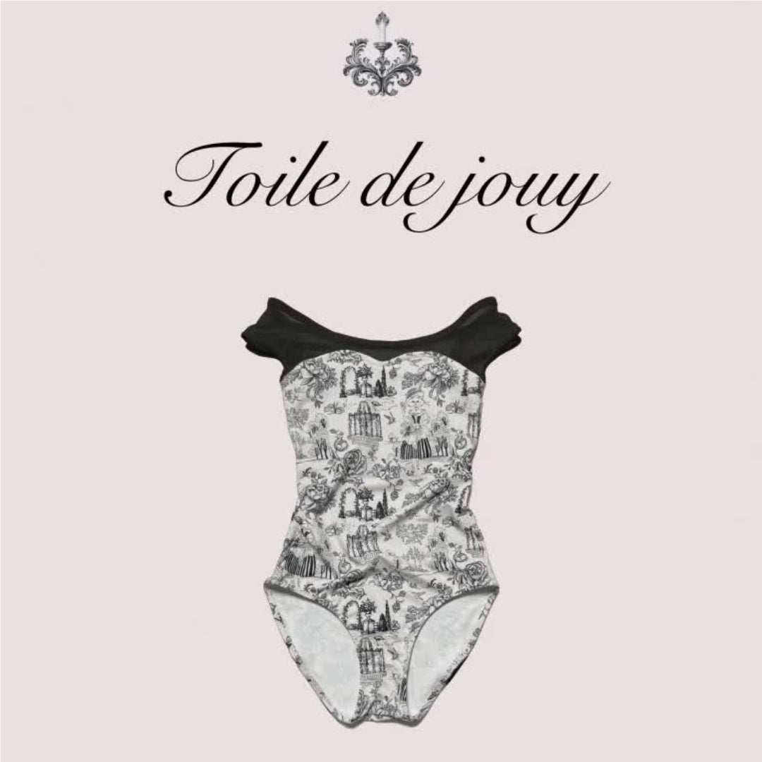 女童黑色"Toile de Jouy"芭蕾舞连体衣(高叉)