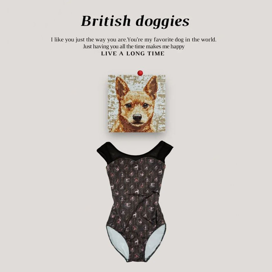 (预售25年4月到货)女童棕色"British doggies/Plie/Brown"芭蕾舞高叉连体衣