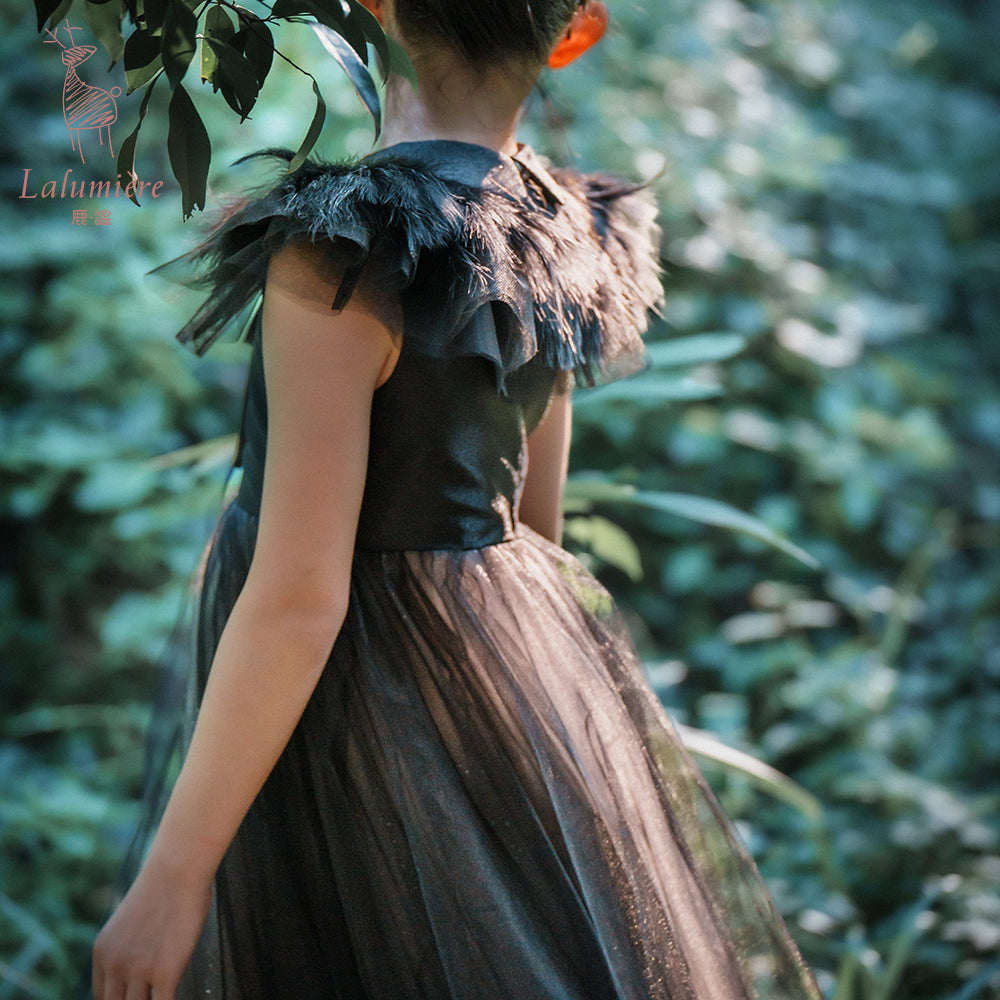 女童珠绣黑粉渐变礼服裙