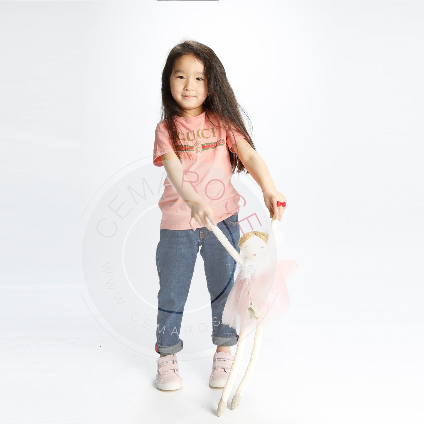 Girls  Pink   Leather Velcro   With  White  "V" Shoes