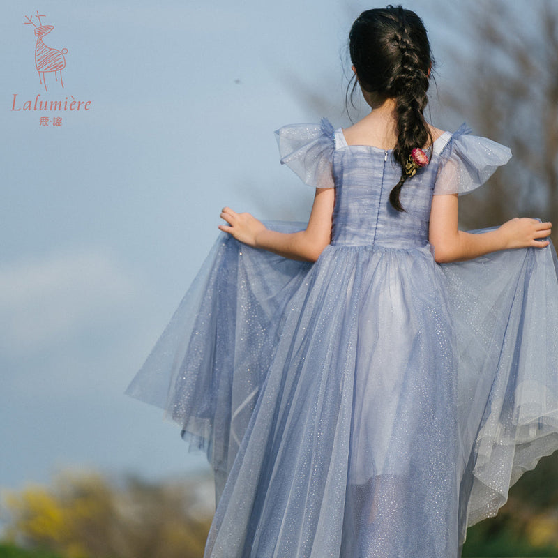 女童星光蓝蝴蝶袖礼服裙
