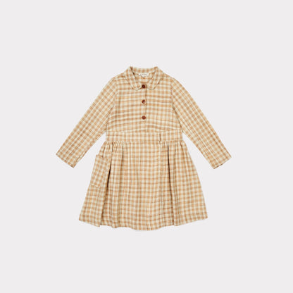 Girls Beige Check Silk Woven Dress