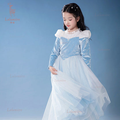 女童蓝色冰雪丝绒拼纱公主裙
