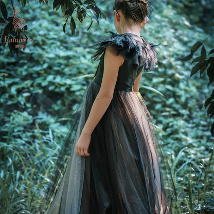 女童珠绣黑粉渐变礼服裙