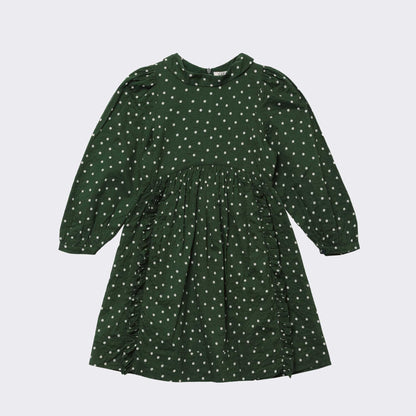女童绿色圆点棉连衣裙
