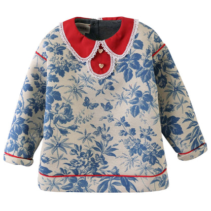 Baby Girls WhiteLace Collarr Sweatshirt With Blue Leaf Print Trims