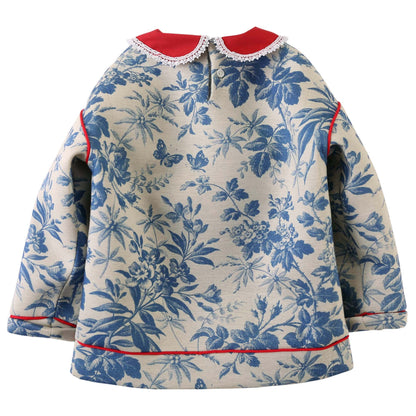 Baby Girls WhiteLace Collarr Sweatshirt With Blue Leaf Print Trims