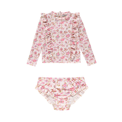 女童粉色碎花泳衣套装