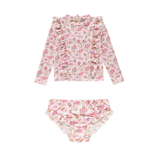 女童粉色碎花泳衣套装