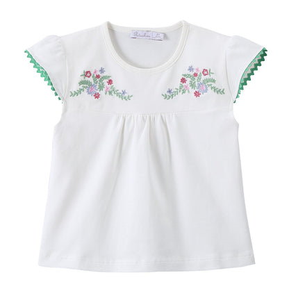 Girls White Embroidered Floral Trims Blouse