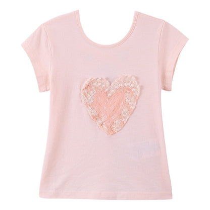 Girls Pink Cotton T-Shirt With Patch Sequin Heart Trims