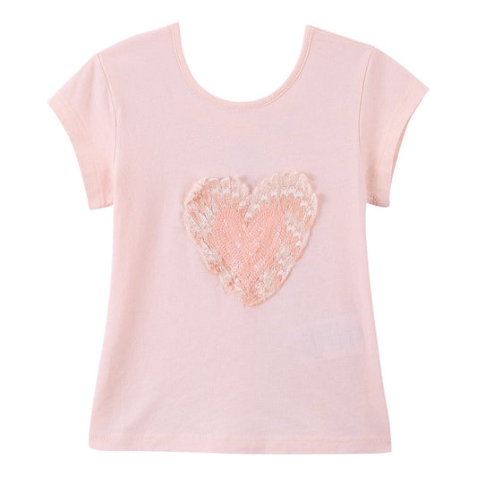 Girls Pink Cotton T-Shirt With Patch Sequin Heart Trims