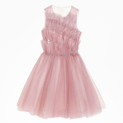 女童紫色立褶钉珠礼服裙