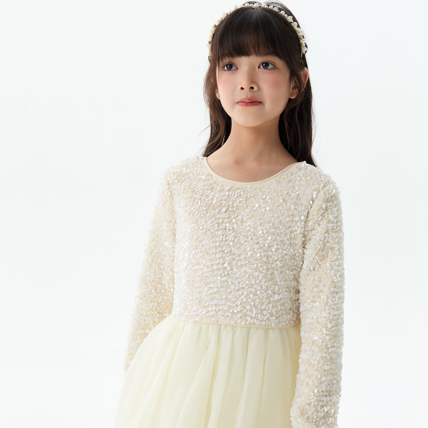 女童白色亮片丝绒蝴蝶结礼服裙