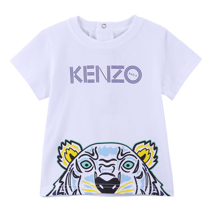 Baby Boys White Cotton T-Shirt With Tiger Head Print Trims