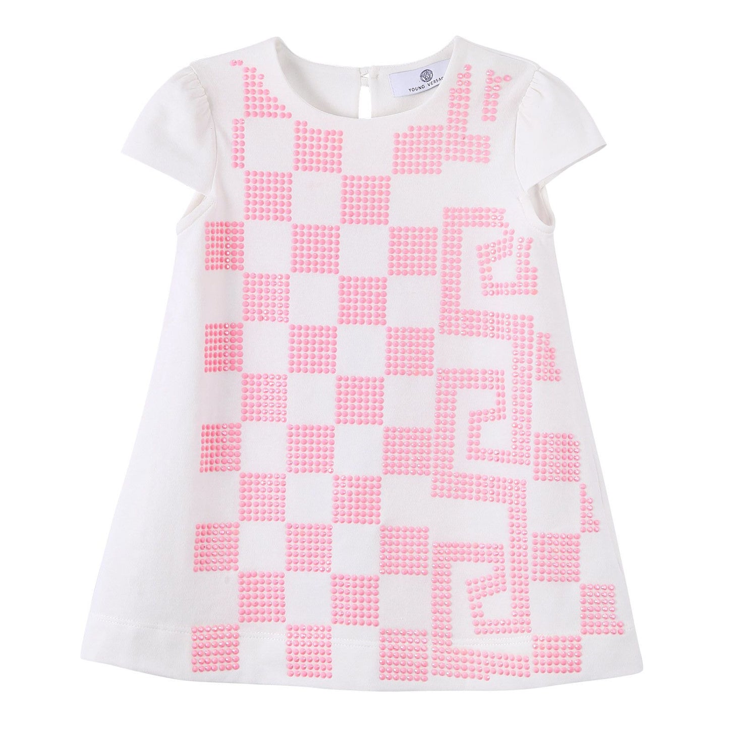 Baby Girls White Cotton Dress With Pink Greca Key Print
