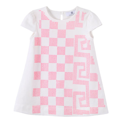 Baby Girls White Cotton Dress With Pink Greca Key Print