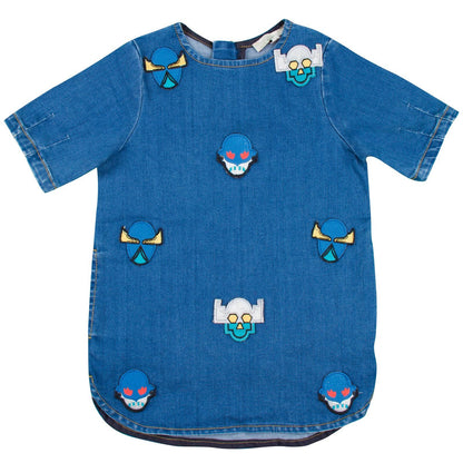 Bess  Girls Blue Denim Short Sleeved Super Stella Heroes Embroidered Dress