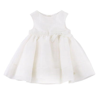 Girls White High Waist Crew Neck Sleeveless Dress