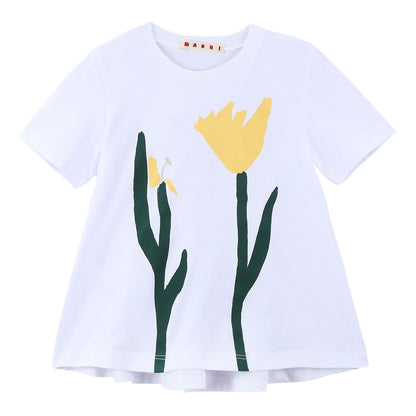 Girls White Flower Printed Cotton T-Shirt
