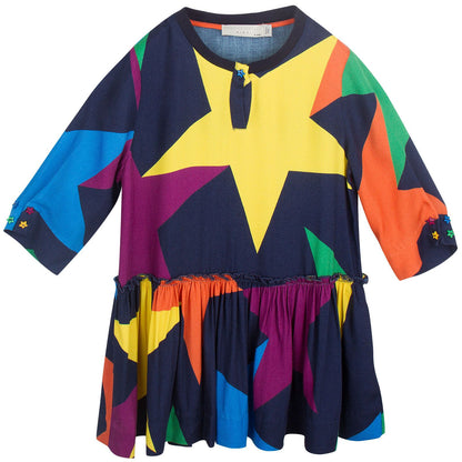 Kiwi Girls Navy Blue Star Printed Viscose Dress