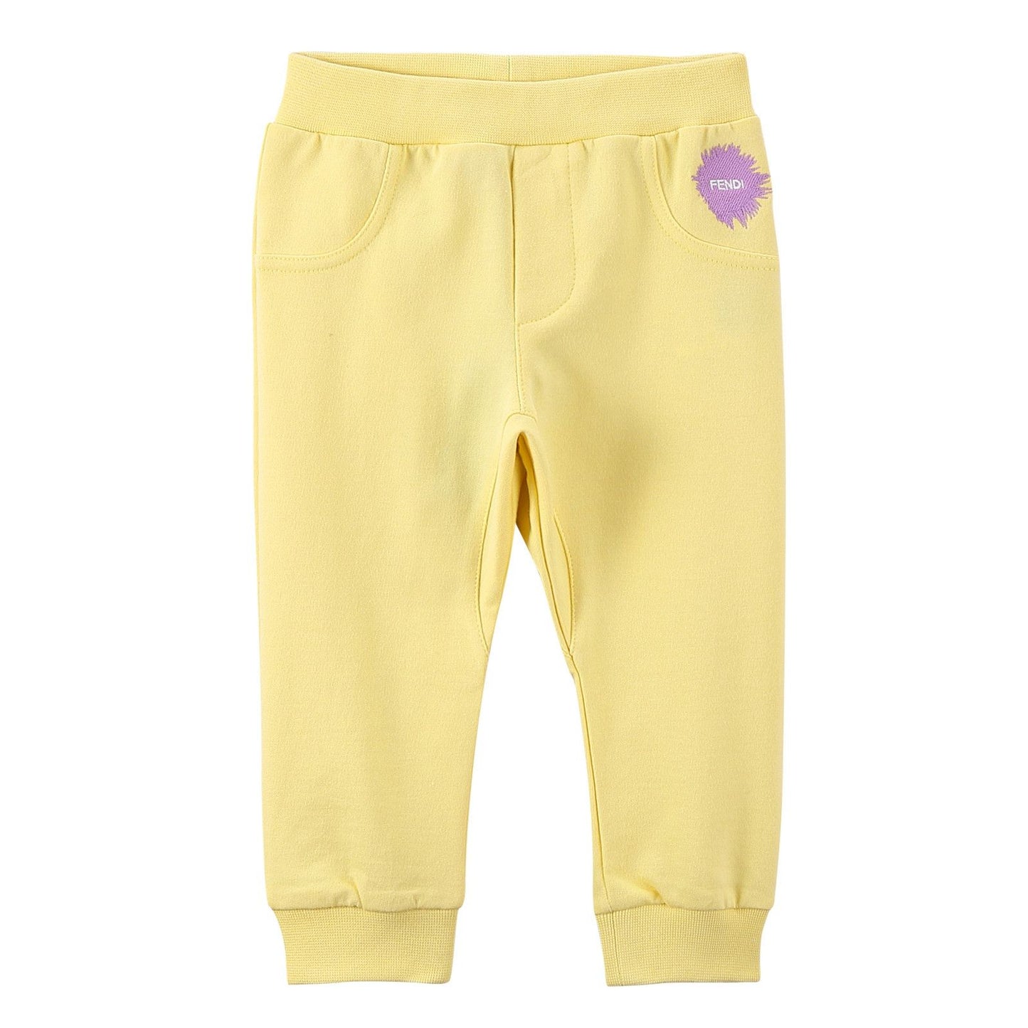 Baby Girls Light Yellow Cotton Trousers With Brand Logo Print