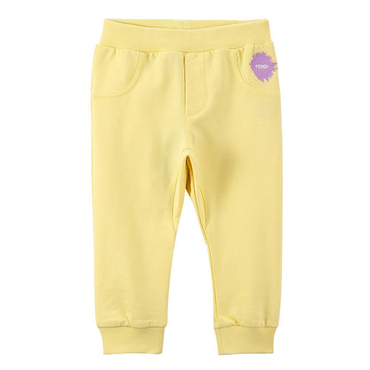Baby Girls Light Yellow Cotton Trousers With Brand Logo Print