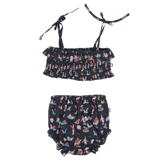 Baby Girls Navy Blue Baby Bikini With Colorful Bear Print