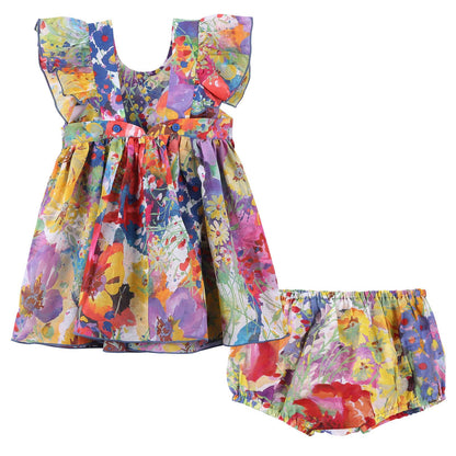 Baby Girls Multicolor Floral Printed Woven Dress With Bloomres