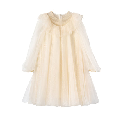 女童香槟色荷叶边礼服纱裙