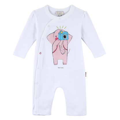 Baby Girls White Fancy Elephant Printed Babygrow