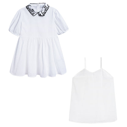 Girls White Collar And Embroidery Cotton Woven Dress