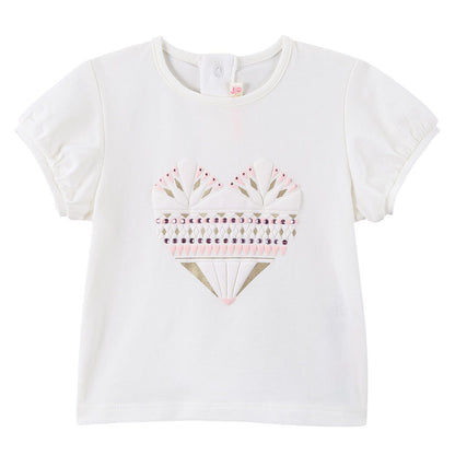 Baby Girls White Cotton T-Shirt With Patch Heart-shaped Trims
